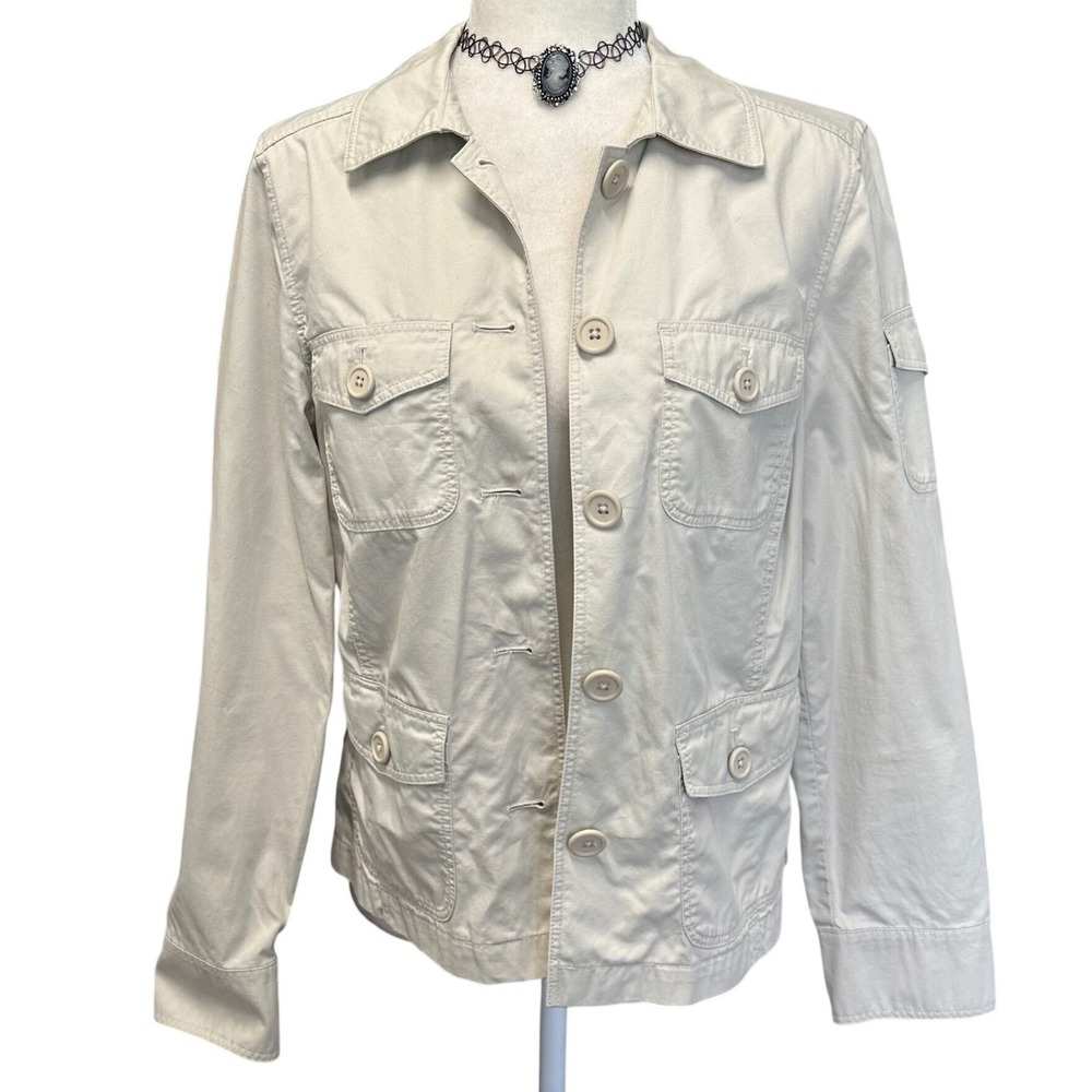 LL Bean Womens Size M Utility Chore Jacket Beige Button Front Casual Lightweight